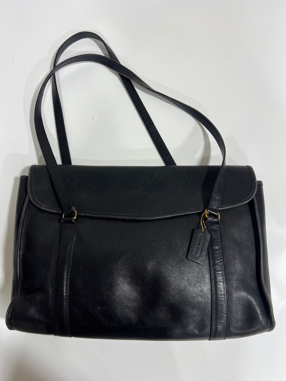 Coach Black Envelope Portfolio Leather Shoulder Bag with Gold-Tone Hardware